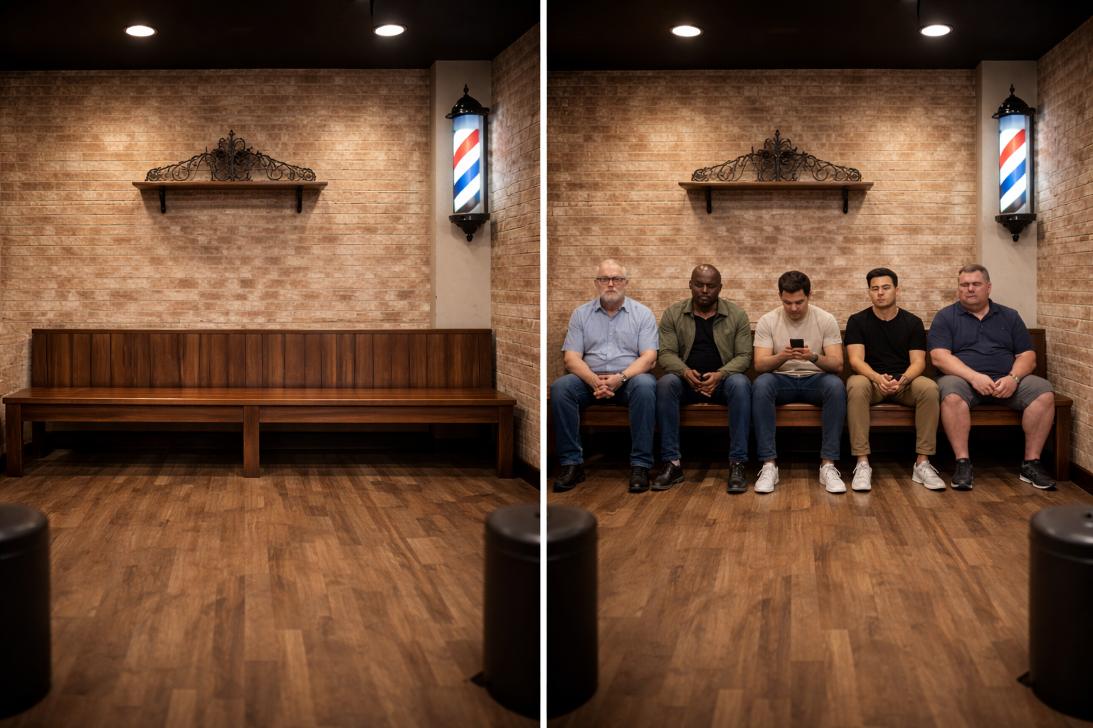 Empty barber chairs and waiting area